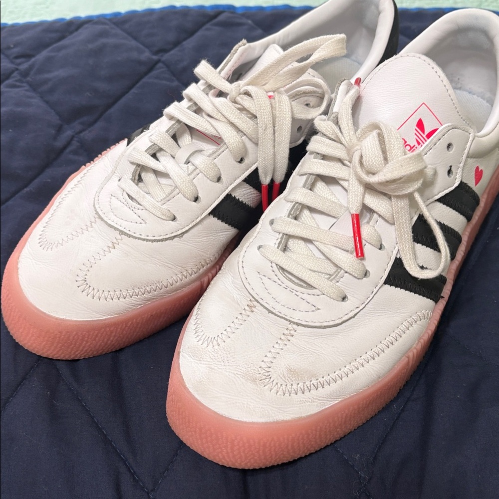 Adidas White and Black Sneakers with Pink Accents